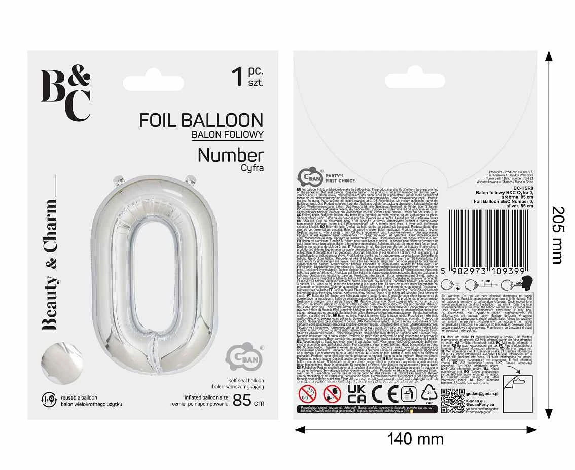 Foil balloon B&C Number 0, silver, 85 cm